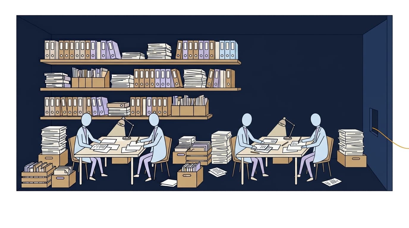 Inside the firm: a navy workroom with three tiers of shelves crammed with binders, folders and paper stacks, crates on the floor, and four partners working at two tables under lamps. A hatch in the wall on the right lets one thread out.
